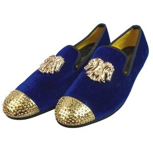 XQWFH Loafers Mens 9 Blue Velvet Gold Studded Dress Shoes Slip On
